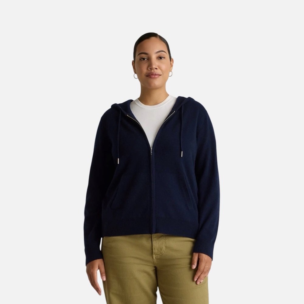 Quince 100% Cashmere Full Zip Hoodie, True Navy, New in Quince bag